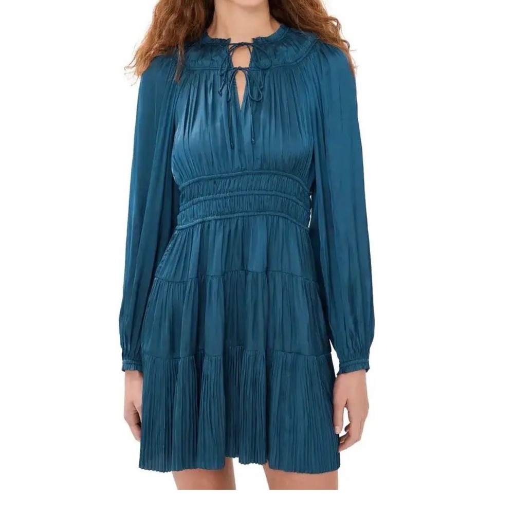 Ulla Johnson Kori satin Dress Teal Blue Pleated Smocked Mini‎ 2 Luxury Coastal